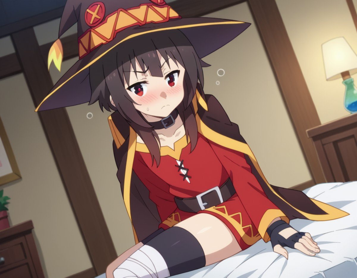 score_9, score_8_up, score_7_up, source_anime,konosubamegumin, <lora:konosuba-megumin-s2-ponyxl-lora-nochekaiser:1>,megumin, short hair, black hair, red eyes, short hair with long locks,thighhighs, gloves, hat, dress, black gloves, belt, black thighhighs, fingerless gloves, cape, collar, witch hat, bandages, red dress, single thighhigh, asymmetrical legwear, bandaged leg,indoors, bed, bed room, on side, blush, drunk,looking at viewer, dutch angle, cowboy shot,