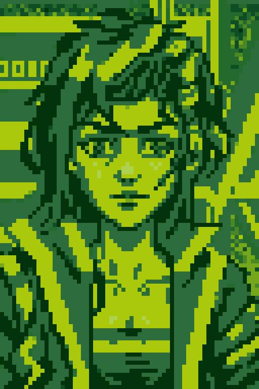 <lora:Gameboy Palette Style:0.7> green theme, limited color, gb_palette, masterpiece, best quality, 1girl, cyberpunk, wearing cyberpunk open jacket, upperbody