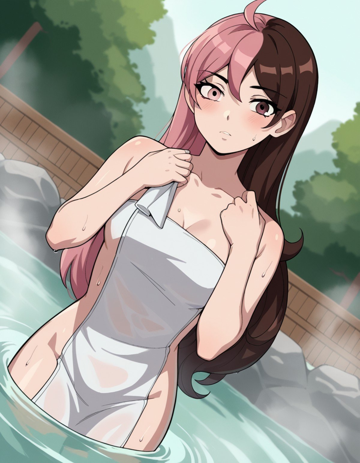 score_9, score_8_up, score_7_up, source_anime, <lora:neopolitan-ponyxl-lora-nochekaiser:1>, neopolitan, long hair, brown hair, brown eyes, pink hair, multicolored hair, pink eyes, two-tone hair, heterochromia, split-color hair,, nude, naked, outdoors, onsen, towel, naked towel, steam, bathing, nude cover, partially submerged, water, bath, steam censor, wet towel, blush, looking at viewer, solo, cowboy shot, dutch angle