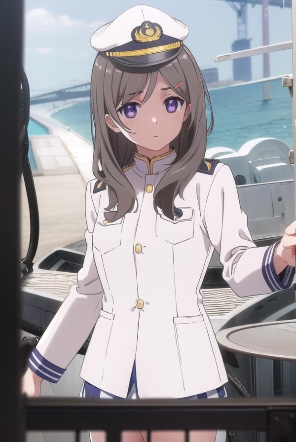 chinamoeka, <lora:china moeka s1-lora-nochekaiser:1>,china moeka, long hair, brown hair, (purple eyes:1.1),BREAK hair ornament, hat, hairclip, uniform, military, military uniform, peaked cap, naval uniform, (white uniform:1.5),BREAK outdoors, ship, navy,BREAK looking at viewer, (cowboy shot:1.5),BREAK <lyco:GoodHands-beta2:1>, (masterpiece:1.2), best quality, high resolution, unity 8k wallpaper, (illustration:0.8), (beautiful detailed eyes:1.6), extremely detailed face, perfect lighting, extremely detailed CG, (perfect hands, perfect anatomy),