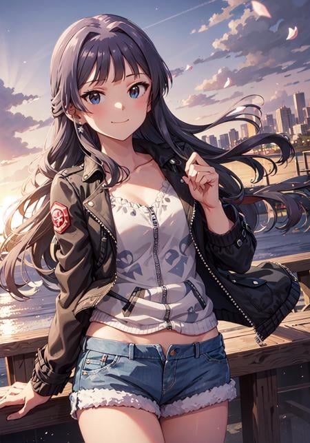 shizuka mogami (million live), (best quality, 8K, masterpiece, ultra detailed:1.2),sparkle,light particles,blurry,lens flare,detailed backgorund,(wide shot, depth of field), gradient sky, sunset, beautiful clouds, sunbeam, cityscape, skyline, floating petals, twilight, ray light, wind, islands and boats in distance, 1girl,solo,collarbone,black hair, long hair, blue eyes, blunt bangs, sidelocks, hime cut, seductive smile, multiclolred print jacket, leather jacket, leather, jewelry, earrings, denim shorts, outdoors, open jacket, (wide hips, plump)