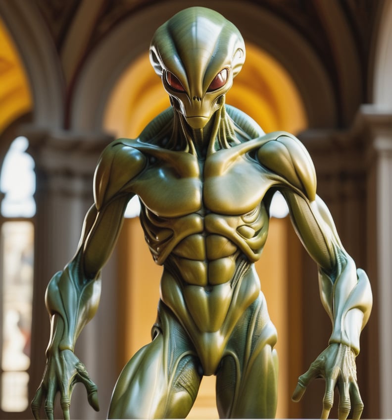 full body shot, masterpiece beauty, highly intricate detailed alien sculpture by Michelangelo, natural light