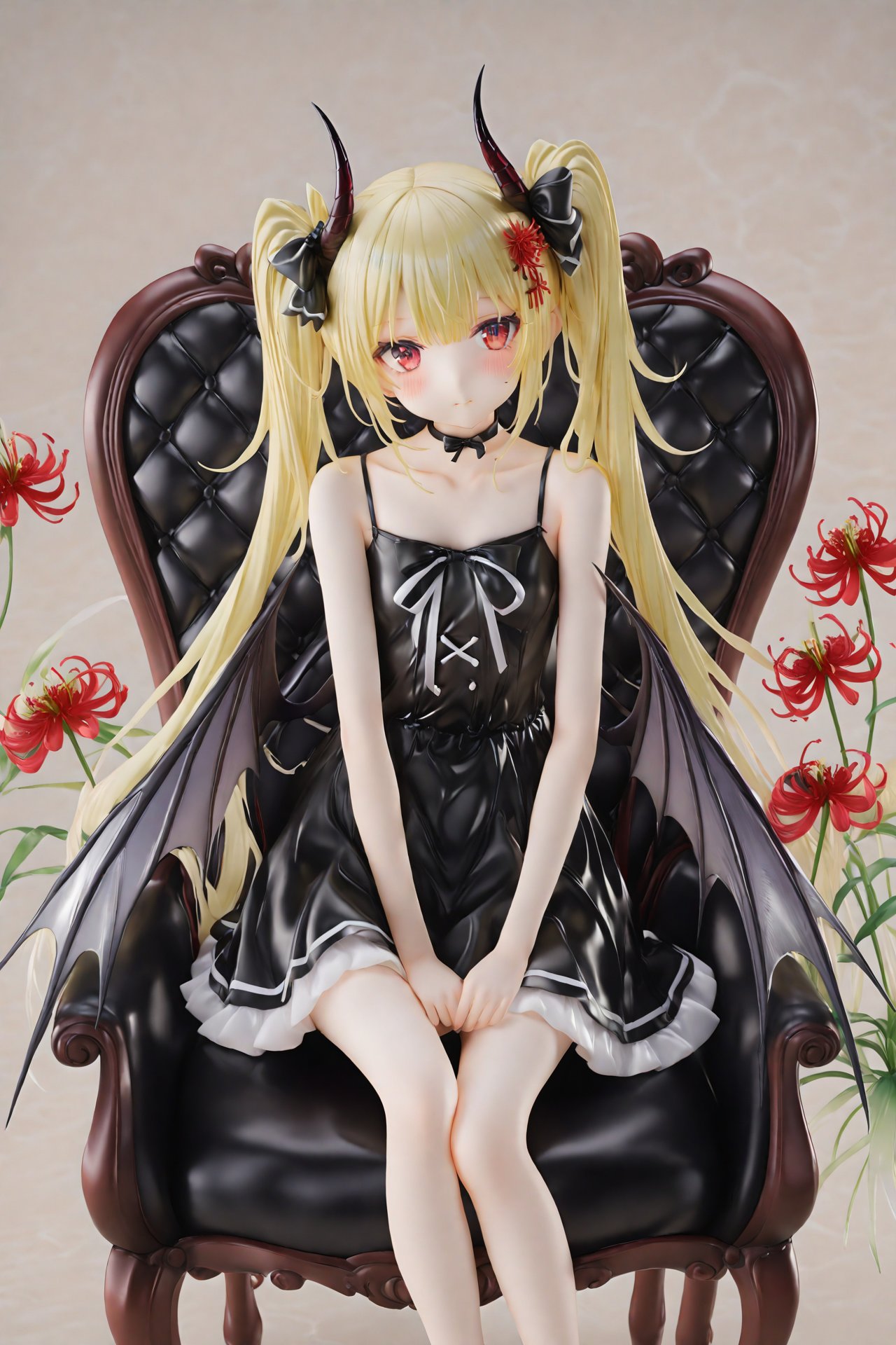 masterpiece,Realism,best quality,PVC Style:2,loli,loli,[Artist:wlop],[[Artist:sheya]],Artist:hiten_(hitenkei),1girl, solo, dress, horns, red eyes, spider lily, twintails, sitting, black dress, sleeveless, flower, sleeveless dress, looking at viewer, collarbone, hair between eyes, wings, bow, closed mouth, red flower, choker, bare arms, hair bow, long hair, demon horns, bare shoulders, black bow, demon wings, chair, black choker, sidelocks, blush, breasts, feet out of frame, demon girl, white background, black wings, blonde hair,  <lora:HANS-PVC22-000016:1>