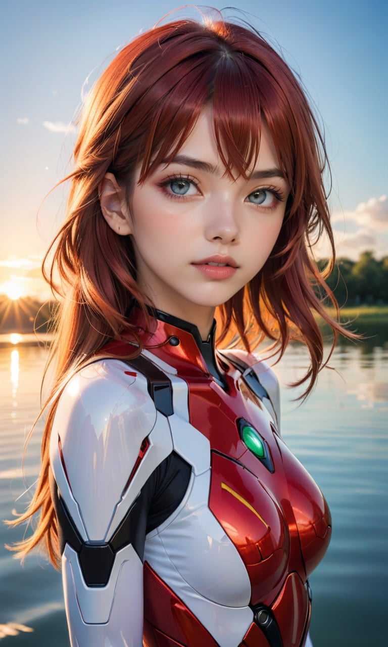 4n1v3rs3, zPDXL2, (ultra realistic photo), (fashion photography), skinny fashion cute italian model, (Asuka Langley cosplay), red evangelion bodysuit, parted lips, full lips, softlight passing through hair, (sunset lake background), dynamic angle, best quality, highly detailed