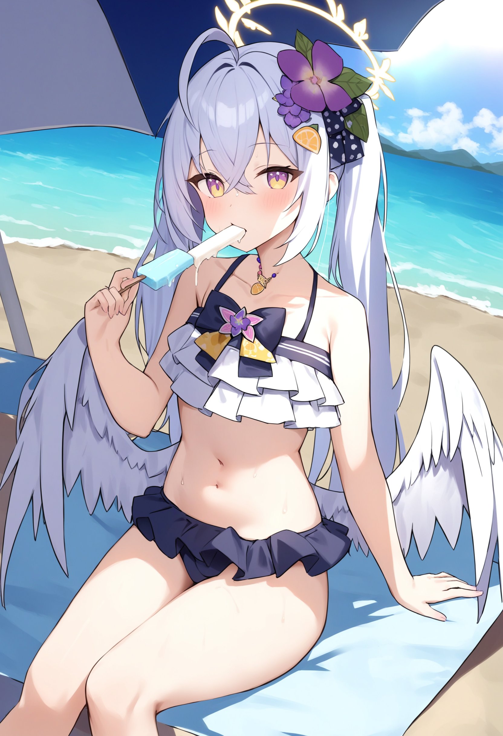 1girl,azusa \(swimsuit\) \(blue archive\),blue archive,1girl, wings, halo, solo, looking at viewer, navel, popsicle, sitting, frilled bikini, hair flower, eating, collarbone, beach, bead necklace, ahoge, official_alternate_costume, food-themed hair ornamentmasterpiece,best quality,absurdres,