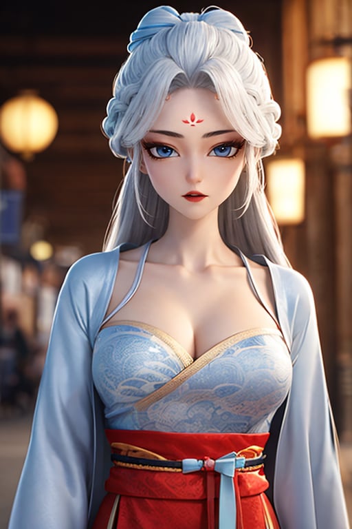 HDR,UHD,best quality,Highly detailed,masterpiece,Professional,1girl,solo,hanfu,forehead mark,white hair,long hair,facial mark,chinese clothes,hair ornament,looking at viewer,blue eyes,long sleeves,dress,red lips,breasts,wide sleeves,sash,braid,<lora:longnvchenchen:0.9>,