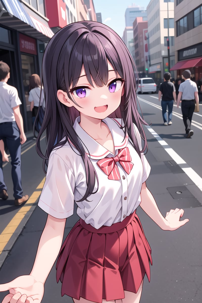 <lora:talkmouth_A_type2_v100:1>insanely detailed, absurdres, ultra-highres, ultra-detailed, best quality,1girl, solo, nice hands, perfect handsBREAKsummer school uniform, (plain dark red skirt with many pleats:1.4), (striped red bowtie:1.3), short sleeves, white shirt, shirt with white button, shirt_tucked_in    BREAK    (breast pocket, vest, blazor, long sleeves, checked skirt, striped skirt, striped shirt, striped sleeves, bra visible through clothes, skirt with frill:-1)BREAK(nsfw:-1.5)BREAKsmile, open mouthBREAKfrom above,standing, cowboy shot, looking at viewerBREAKslender, kawaii, perfect symmetrical face, ultra cute girl, ultra cute face, ultra detailed eyes, ultra detailed hair, ultra cute, ultra beautifulBREAKin street, cityscape in harajuku, depth of field, ultra detailed backgroundBREAKmedium breastsBREAKpurple hair, purple eyes, messy hair, 