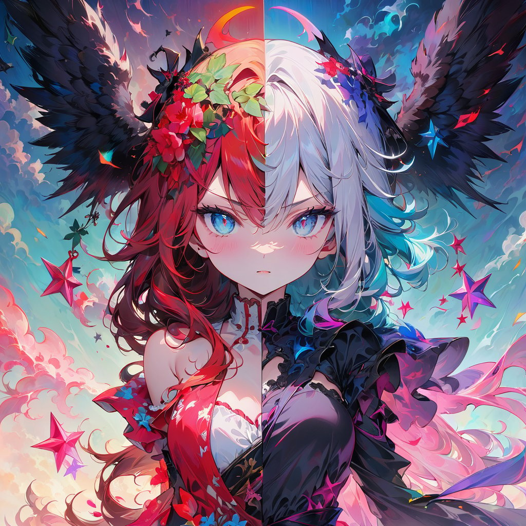 A split art style image featuring an angel on one half and a demon on the other,forming a stark contrast between purity and evil. The image is in high definition,with detailed features of both the angel and the demon,sharp focus,and vibrant colors, score_9,score_8_up,score_7_up,(masterpiece,best quality,ultra-detailed,very aesthetic, absurdres)