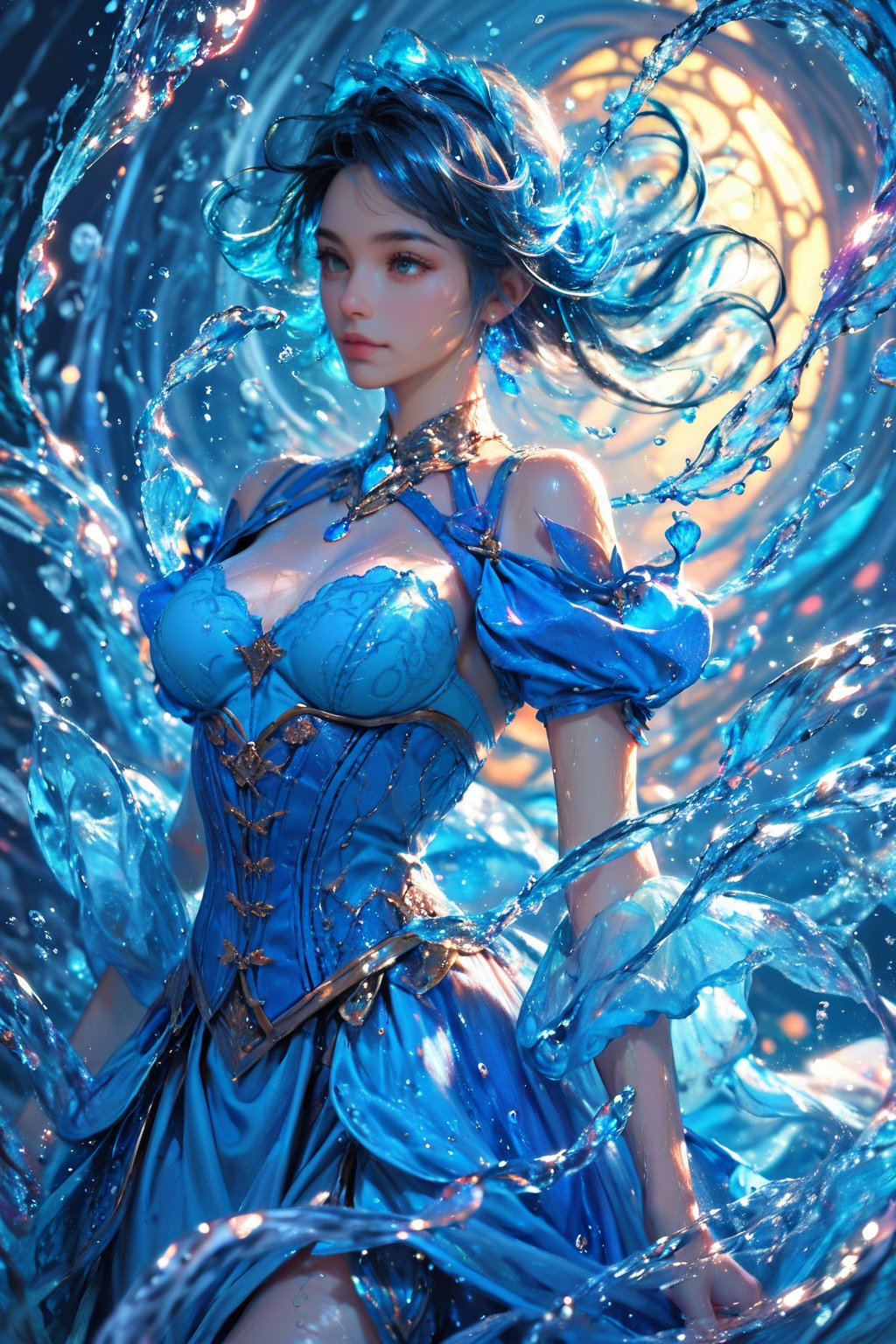 score_9, score_8_up, score_7_up, ethereal, fantasy, a woman in a blue corset, surrounded by water splashes, dramatic lighting, dramatic and mystical mood, intricate blue costume, serene expression, water droplets, vibrant and dynamic composition., <lora:yushui-pony:0.6>, 