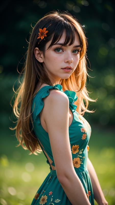 1 young cute girl, flower dress, colorful, dark background, flower armor, green theme, upper body shot,(cinematic, teal and orange:0.85), low saturation