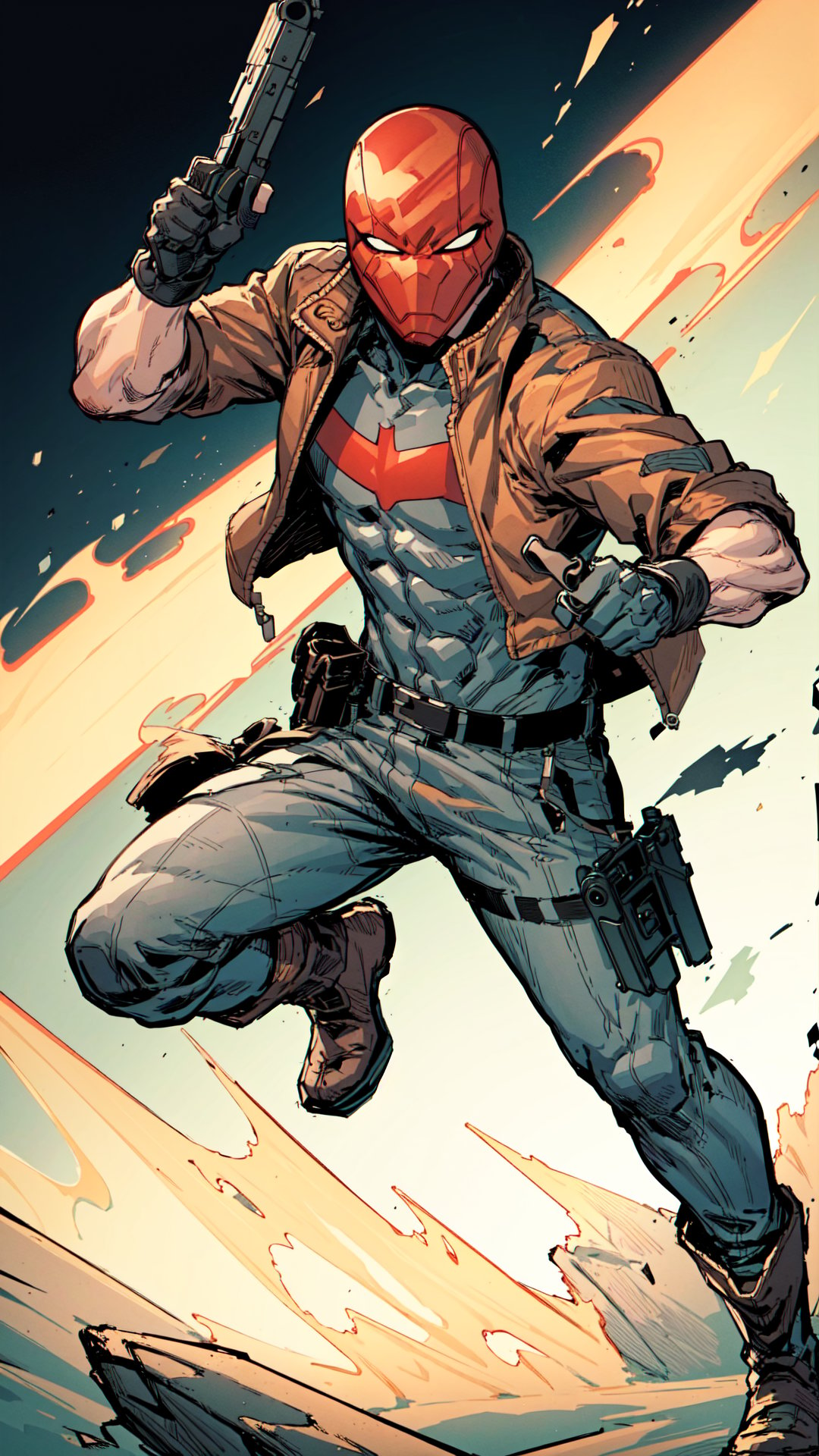 rhdc, full body view, a man, red helmet, brown leather jacket, gray skintight suit, black gloves, belt, red bat symbol, cargo pants, boots, dynamic pose, holding a pistol, pointing at viewer, 8k, 16k, masterpiece,  <lora:rhdc:0.7>
