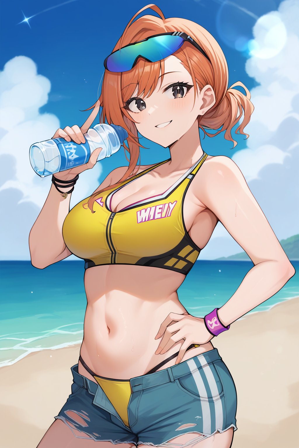 score_9, score_8_up, score_7_up, source_anime, orange hair, single hair bun, ahoge, swept bangs, black eyes, large breasts, cleavage, bikini, sports bikini, yellow bikini, layered bikini, sports sunglasses, tinted eyewear, blue-tinted eyewear, eyewear on head,  blue shorts, denim shorts, cutoffs, open fly, wristband, water bottle, looking at viewer, smile, hand on own hip, outdoors, beach, ocean, horizon, blue sky, cowboy shot,  <lora:arisugawa_natsuha_XL:0.9>, natsuhaarisugawa