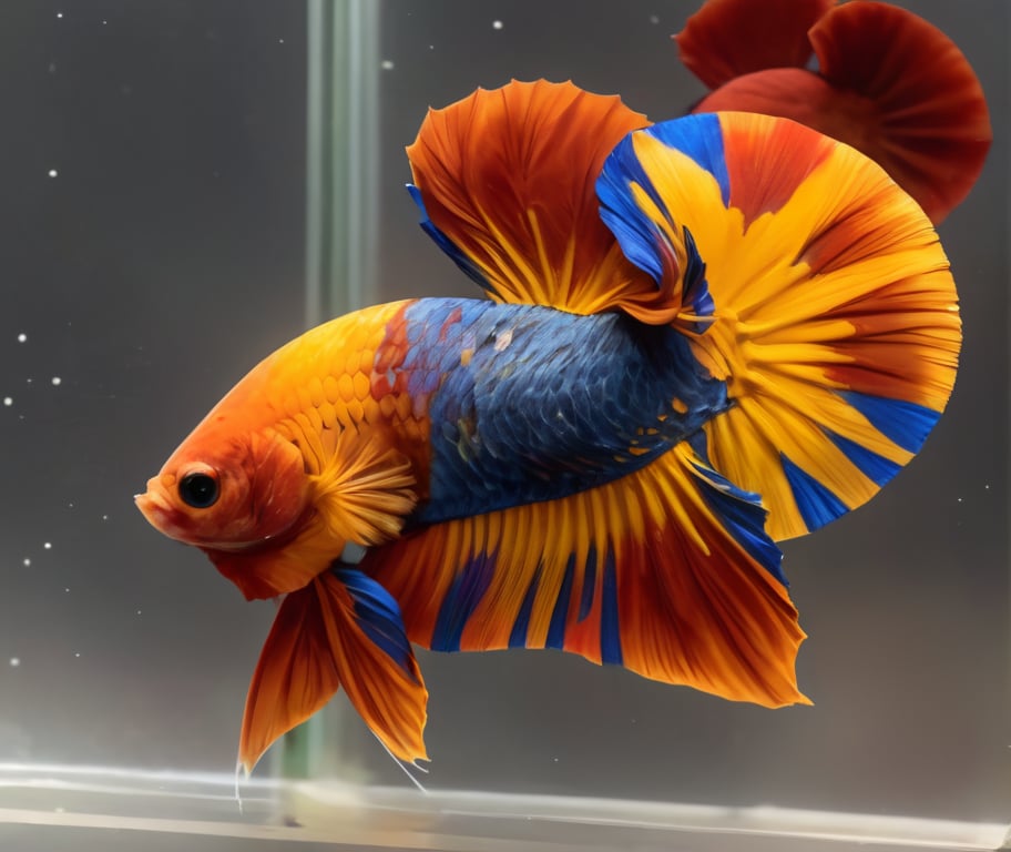 betta hmpk,realistic,animal focus, still life, multicolor, yellow and red, big tail,(best quality,realistic,high quality),, ultra realistic,32k,RAW photo,(high detailed skin:1.2), 8k uhd, dslr, high quality, film grain,water,betta fish,Fish scales are clear and balanced<lora:EMS-419056-EMS:1.000000>, <lora:EMS-283022-EMS:0.500000>