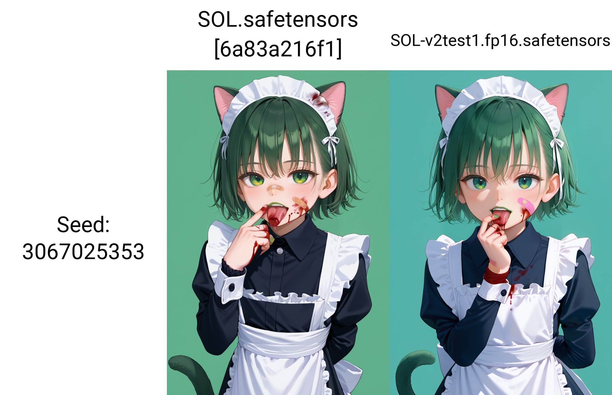 score_9, score_8_up, score_7_up, score_6_up, score_5_up, score_4_up,masterpiece, best quality,1girl,   animal ears, solo, tail, green background, apron, blood, bandaid, looking at viewer, maid, long sleeves, simple background, maid apron, green eyes, tongue, tongue out, blood on hands, dress, licking finger, black hair, hair between eyes, hand up, hat, licking, short hair, maid headdress, blood on face, collared dress, frills, black dress, bandaid on hand, eye of horus, blood on clothes, green lips, wrist cuffs, cat tail, licking blood, bandaid on face, upper body, licking own arm, green tail, white apron, flipped hair, cat ears, arm behind back