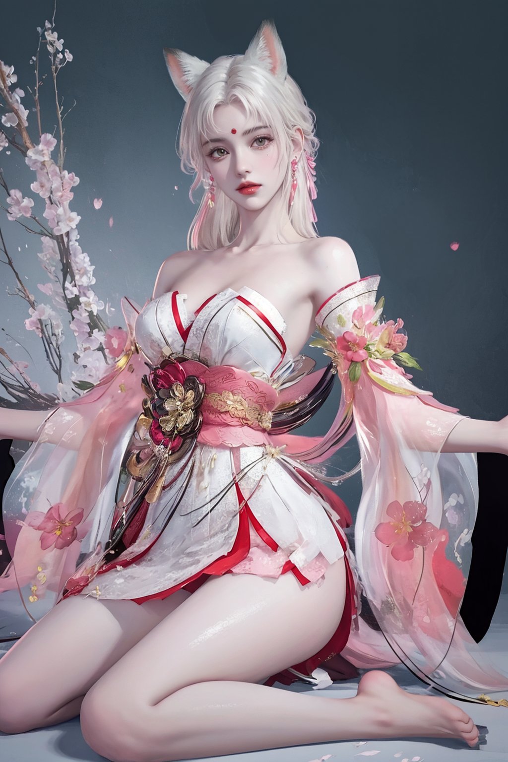 future007,solo,barefooted,Bare shoulders,Split sleeves,flower,kimono,<lora:future007-胡桃:0.9>,fake animal ears,wariza,, best quality,masterpiece,highres,official art,extremely detailed cg unity 8k wallpaper,