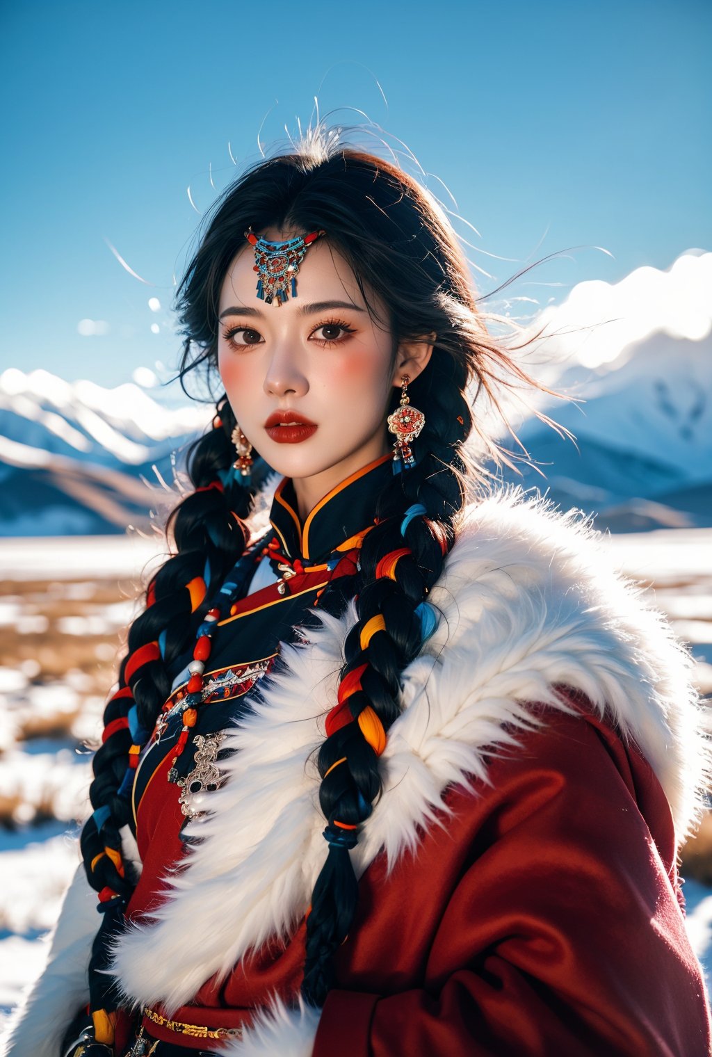 1girl,solo,black hair,jewelry,braid,earrings,outdoors,long sleeves,long hair,day,blurry,snow,fur trim,looking at viewer,multiple braids,parted lips,red lips,snowing,traditional clothes,multicolored hair,twin braids,sky,blurry background,lips,makeup,sleeves past wrists,hair over shoulder,upper body,depth of field,wide sleeves,<lora:zangzu_20240526212111:0.8>,