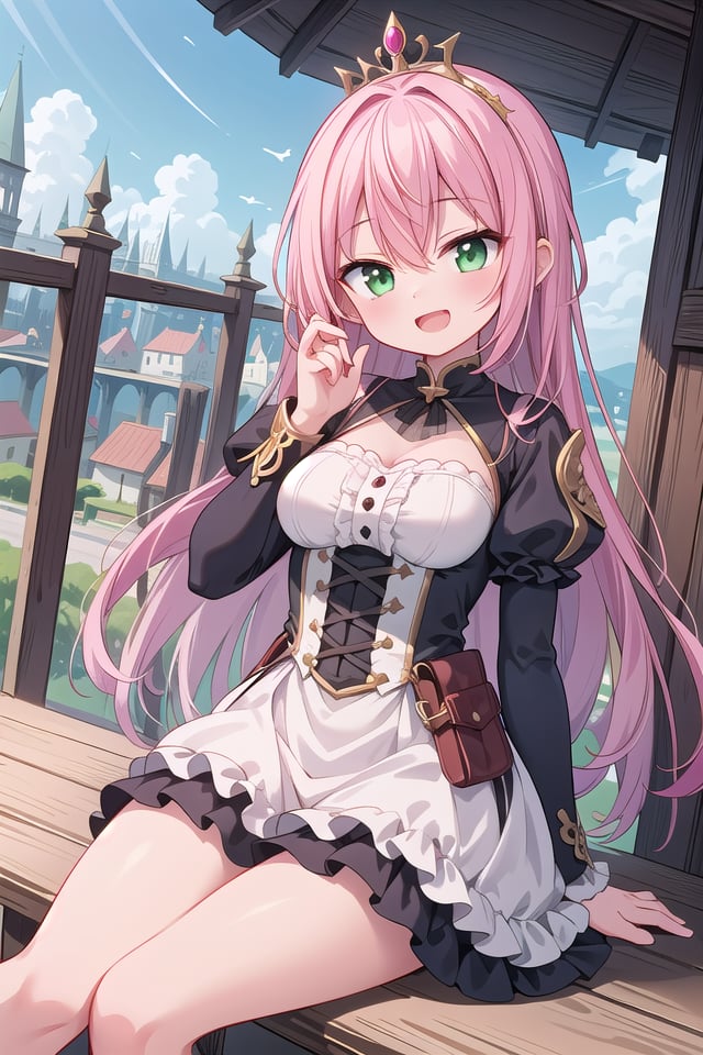 insanely detailed, absurdres, ultra-highres, ultra-detailed, best quality,1girl, solo, nice hands, perfect hands,BREAKprincess, princess dress with many frills, teara on hair,happy smile, laugh, open mouth,sitting, cute pose,from below, cowboy shot,BREAKslender, kawaii, perfect symmetrical face, ultra cute girl, ultra cute face, ultra detailed eyes, ultra detailed hair, ultra cute, ultra beautiful,BREAKon roof of castle, (fantasy world, castle, panorama view:1.3), depth of field,medium large breasts,BREAKpink hair, long hair, messy hair, green eyes, hair between eyes