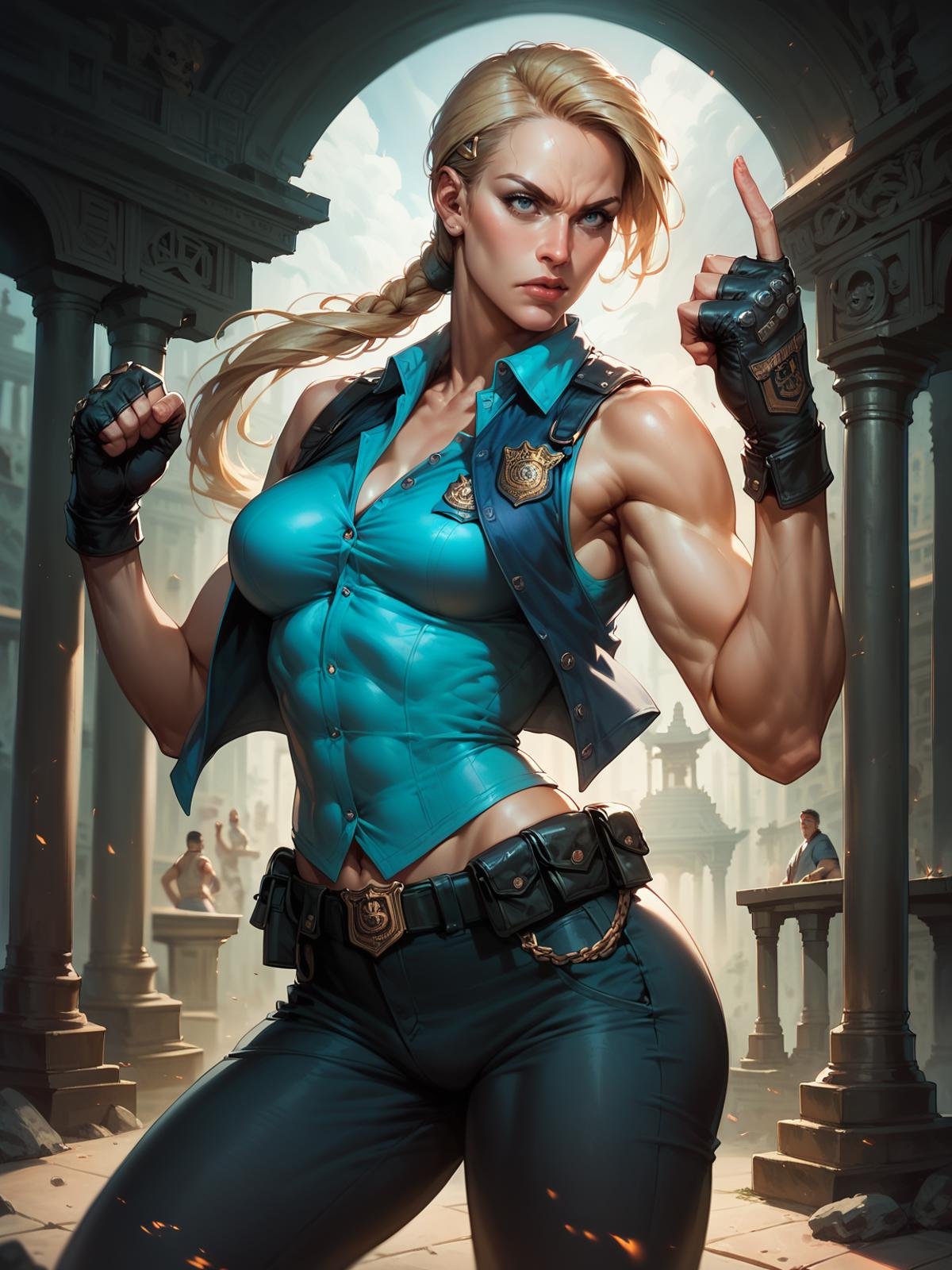 score_8_up, score_7_up, 1girl, cowboy shot of sonya blade in fighting stance, dynamic pose, police uniform, unbuttoned, vest, pants, bare shoulders, toned, athletic, ancient chinese temple indoors, realistic