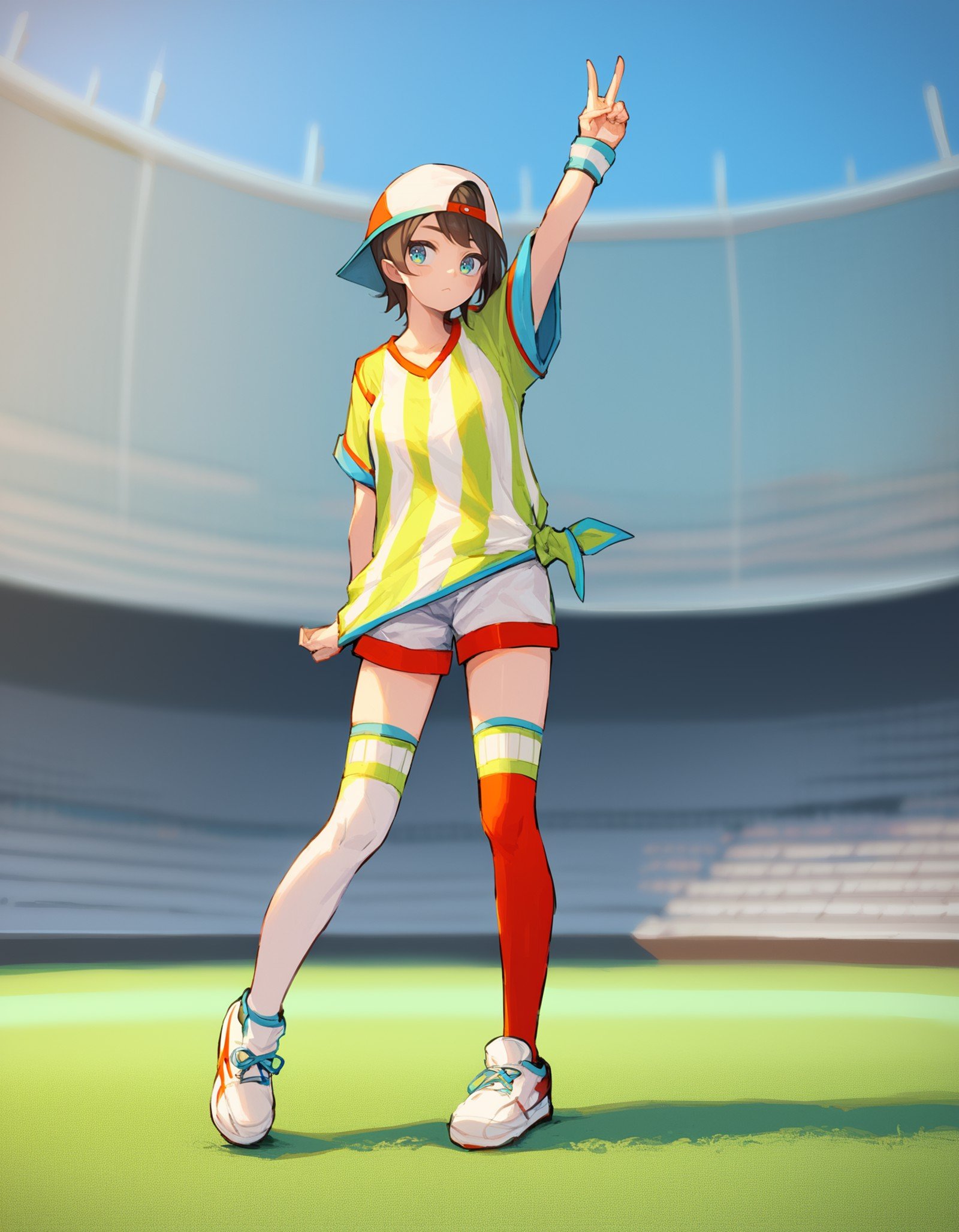 source_anime, score_9, score_8_up, score_7_up,<lora:oozora_subaru_pony_v1:1>shubaFirst, gradient eyes, aqua eyes, swept bangs, loose shirt, jersey, vertical-striped shirt, tied shirt, backwards hat, white shorts, white footwear, wristband, mismatched legwear, asymmetrical legwear, red thighhighs, white thighhighs1girl, solo, full body, legs apart, v, arm behind back, :d, blue sky, outdoors, soccer field