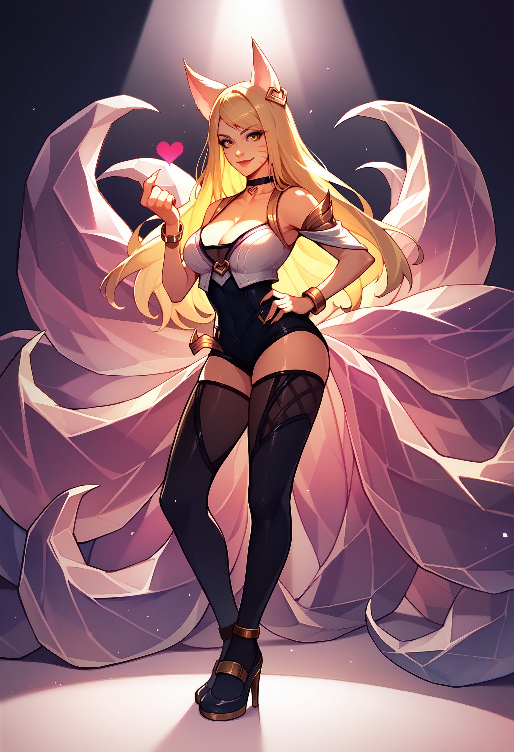 score_9, score_8_up, score_7_up, full body, solo, 1girl, ahrikda, smile, looking at viewer, standing, hand on own hip, finger heart, animal ears, facial mark, fox tail, multiple tails, long hair, blonde hair, yellow eyes, large breasts, makeup, choker, jewelry, earrings, bracelet, Leotard, leotard under clothes, bare shoulders, cleavage, black thighhighs, high heels, spotlight <lora:Ahri_KDA_pdxl_Incrs_v1:1>