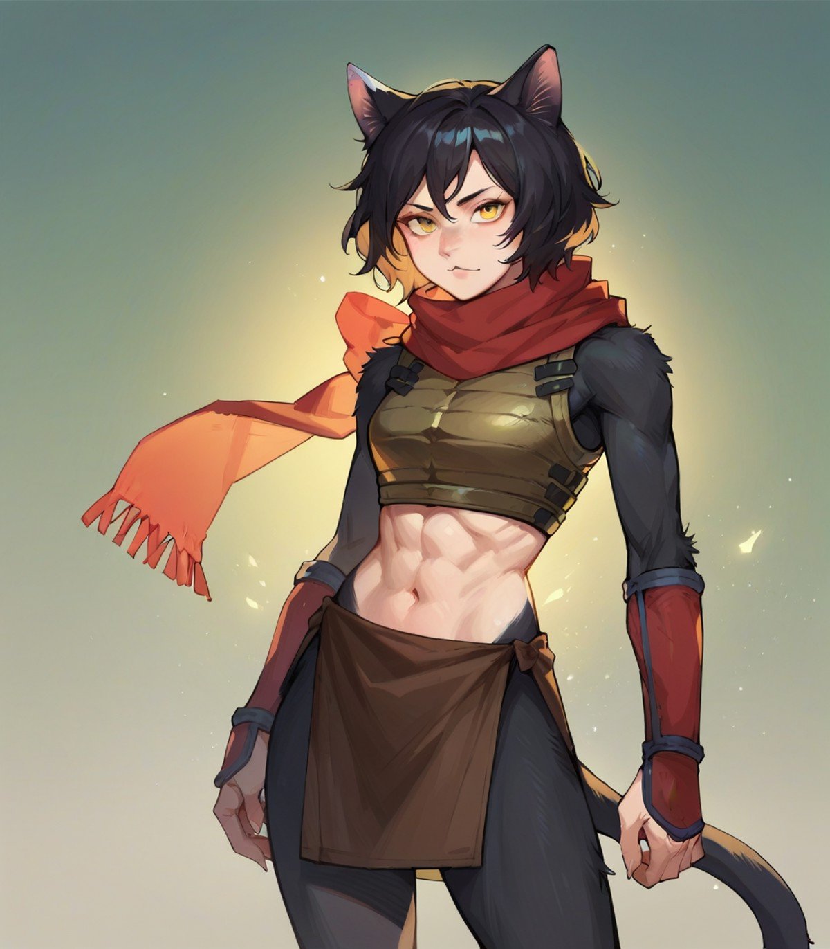 score_9, score_8_up, score_7_up, score_6_up, IzutsumiER, 1girl, cat ears, black hair, short hair, cat girl, yellow eyes, fur, <lora:Izutsumi_Dungeon_Meshi:0.8>, standing, looking at viewerred scarf, armor