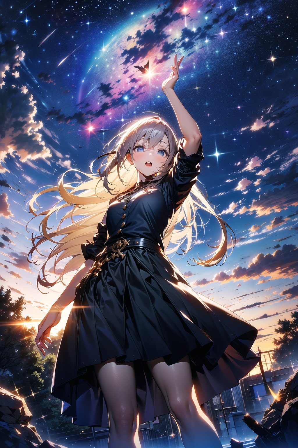 absurdres, highres, (official art, beautiful and aesthetic:1.2), close view, arm up from below1girl, shining sky, vast world, gazing, awe-inspiring expression, distant horizon, clouds, high hill, natural beauty, inspiration, night sky, Shining Stars,<lora:apstyle:0.5>apstyle