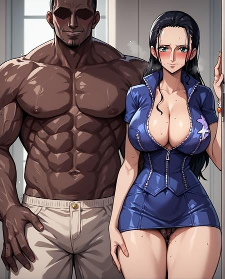score_9, score_8_up, score_7_up, source_anime BREAK 1girl, nico robin, looking at viewer, black hair, blush, hetero, standing, breasts, cleavage, long hair, 1boy, faceless male, muscular male, size difference, dark-skinned male, stealth fingering, side-by-side, netorare, cheating (relationship), <lora:Implied_ass_grabfingering:1>, rating_questionable