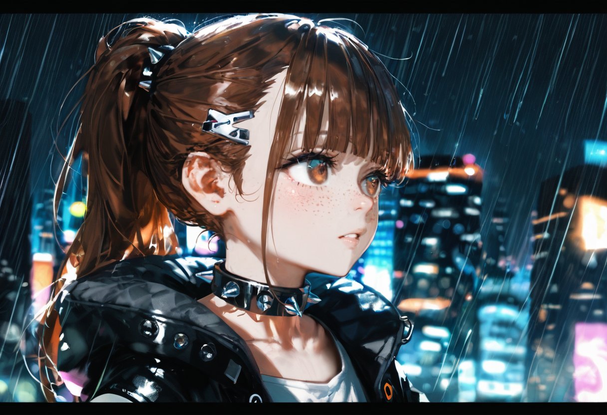 score_9, score_8_up, score_7_up,1girl, tan, blunt bangs, freckles, brown eyes, brown hair, upper body, long hair, ponytail, sidelocks, punk, spiked collar, tattoo, parted lips, letterboxed, cinematic, cyberpunk, night, detailed background, cityscape, blurry, double exposure, motion blur, spiral bokeh, bokeh, dark background, rain