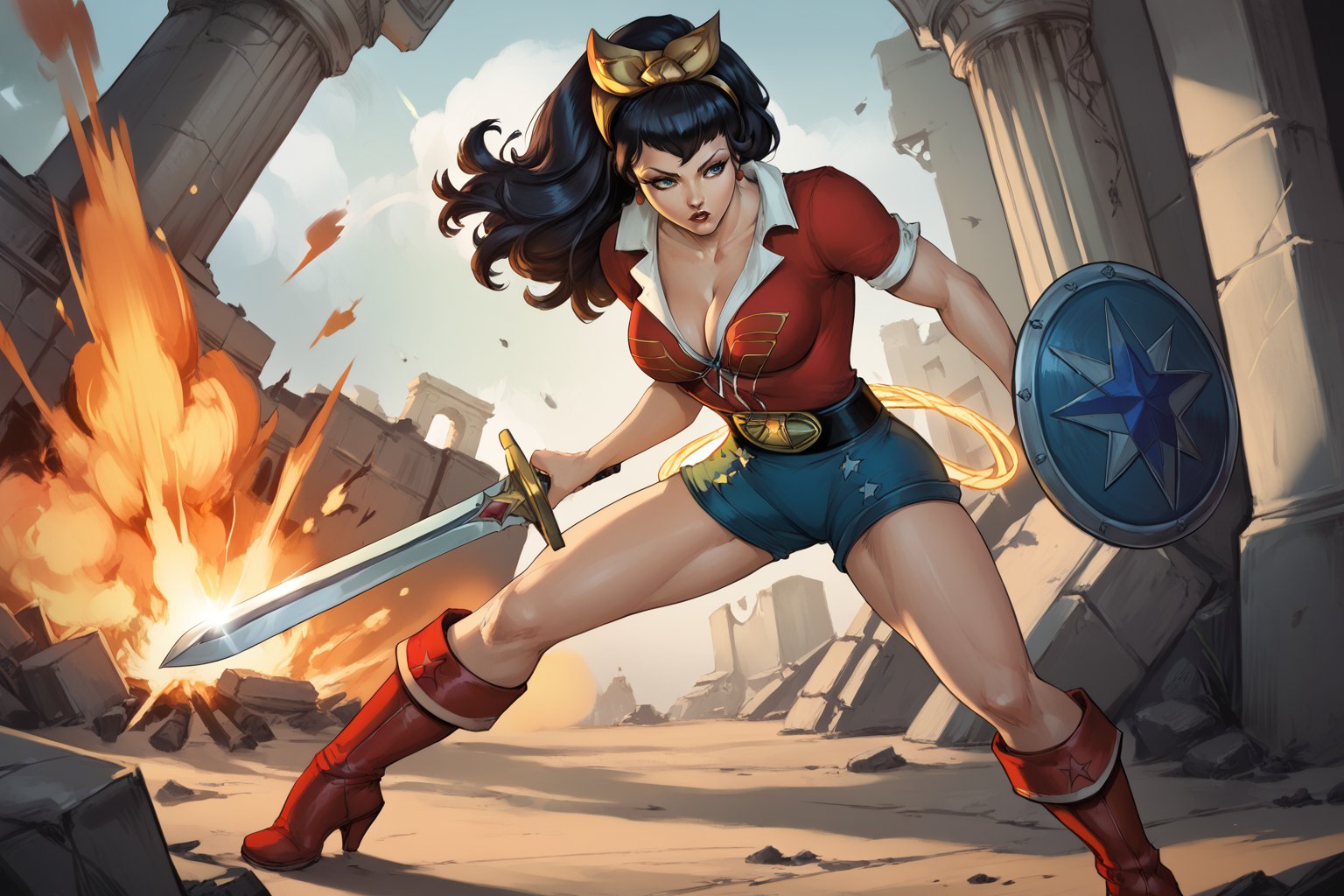 score_9, score_8_up, score_7_up, masterpiece, high quality, BREAK <lora:Bombshell Wonder WomanPonyLoRA:0.9>bmbshllwndrwmn, long hair, hairband, cleavage, blouse, earrings, belt, belt buckle, shorts, knee boots, rope on belt, fighting stance, battle, ruins, explosion, holding sword, shield