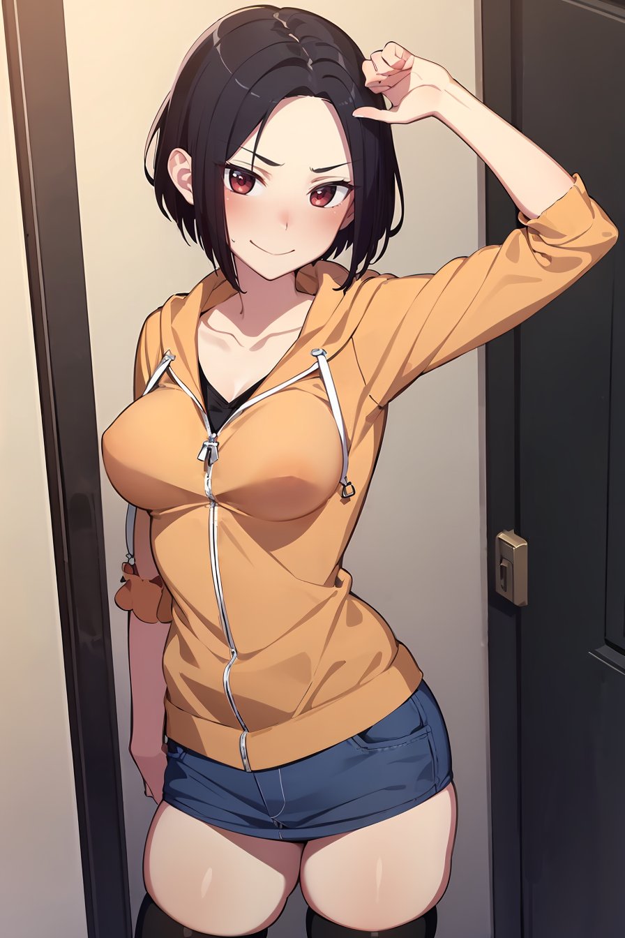 (masterpiece, best quality), 1girl, (solo), looking at viewer,light smile, closed mouth, blush,<lora:AngryExGF (Stopman)-offset:1>, Angry-Ex-GF, red eyes, breasts, forehead,orange hoodie, denim skirt, miniskirt, black thighhighs, black undershirt,cute pose