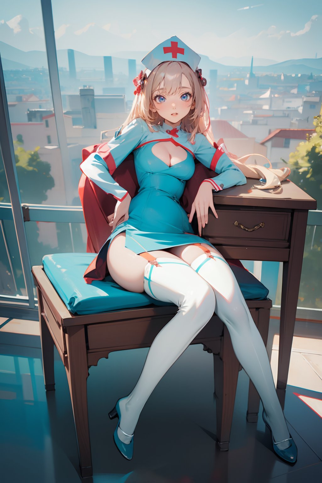 <lora:GoodHands-手beta2:1>,solo,1girl,outdoors,cityscape,<lora:0401 Cling To Latex_v1:1>,ruanyi0401,nurse cap,full body,short dress,blue dress,garter straps,white thighhighs,cleavage cutout,spread legs,capelet,blonde hair,very long hair,sitting on desk,, best quality,masterpiece,highres,official art,extremely detailed cg unity 8k wallpaper
