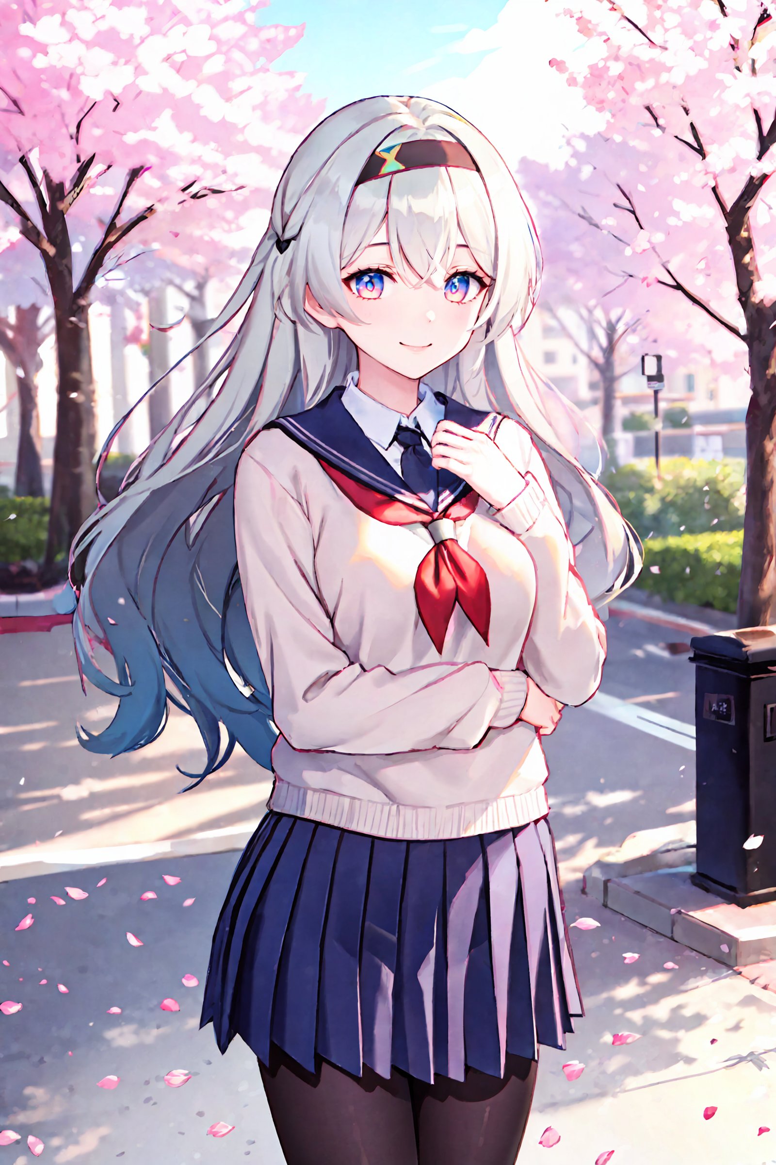 1girl, firefly \(honkai: star rail\), hairband, solo, school uniform, white shirt, sweater, pleated skirt, pantyhose, light smile, looking at viewer, outdoors, street, cherry blossoms, petals, depth of field