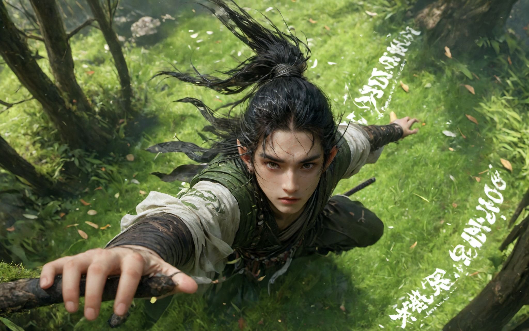 XUER martial arts style,solo,long hair,black hair,1boy,holding,brown eyes,jewelry,ponytail,male focus,outdoors,tree,leaf,from above,scar,bandages,grass,elf,nature,branch,Splattered black ink,Detailed text,<lora:绪儿XL 武侠:0.8>,highly detailed,ultra-high resolution,32K UHD,low saturations,dim lighting,extremely beautiful skin,natural skin texture,high detailed skin,(detailed skin:1.5),photorealistic,extreme detail,lifelike,crisp,precise,35mm photograph,film,bokeh,professional,highly detailed,A shot with tension,(Visual impact,giving the poster a dynamic and visually striking appearance:1.2),impactful picture,golden hour,offcial art,colorful,splash of color,movie perspective,very aesthetic,disheveled hair,perfect composition,moist skin,intricate details,moody,epic,photorealistic,color graded cinematic,atmospheric lighting,award winning photo,film grain,(glaring:1.2),disgust,jitome,panorama,huge filesize,(wide shot, wide-angle lens,Panoramic:1.2),super vista,super wide Angle,Low Angle shooting,super wide lens,(full body:1.5),