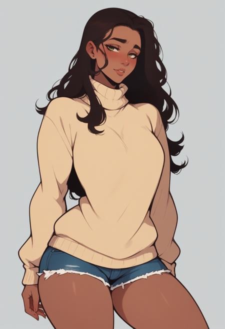 score_9, score_8_up, score_7_up,score_6_up,  <lora:NoctFlatStyle:0.7>Pretty woman, tanned skin, long hair, thighs, sexy , seductive look, blushing, dripping, curvy, sweater, shorts