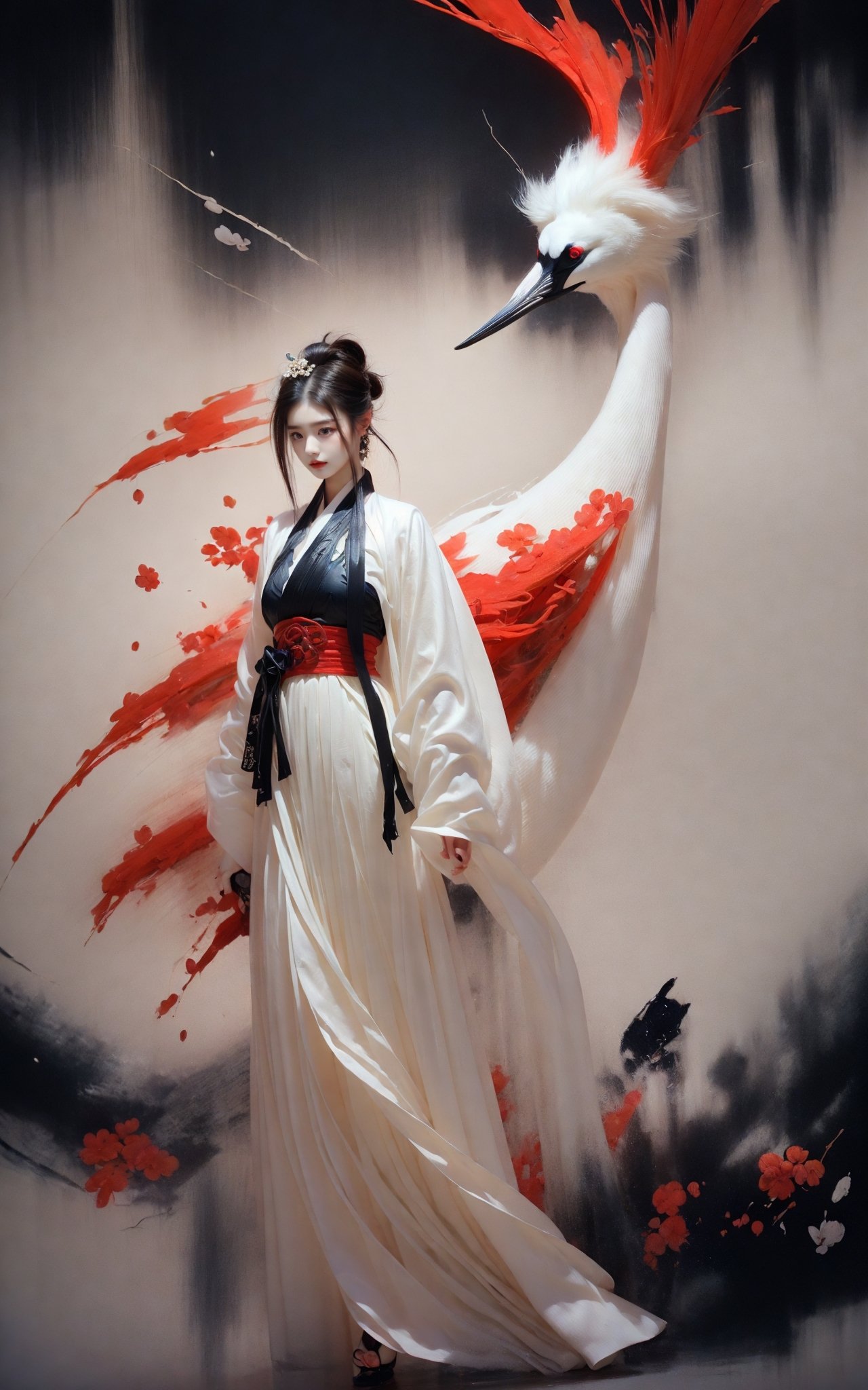 Ink painting, ink painting, splash-ink, ink splash, calligraphy, Chinese characters, Chinese character background，(Red crowned crane:1.2)，1girl，White hair, Hanfu,(full body:1.0),A shot with tension，(sky glows red,Visual impact,giving the poster a dynamic and visually striking appearance:1.2),Chinese Zen style,impactful picture,<lora:绪儿-鹤 Red crowned crane:0.8> <lora:绪儿-混血脸 pretty:0.7>
