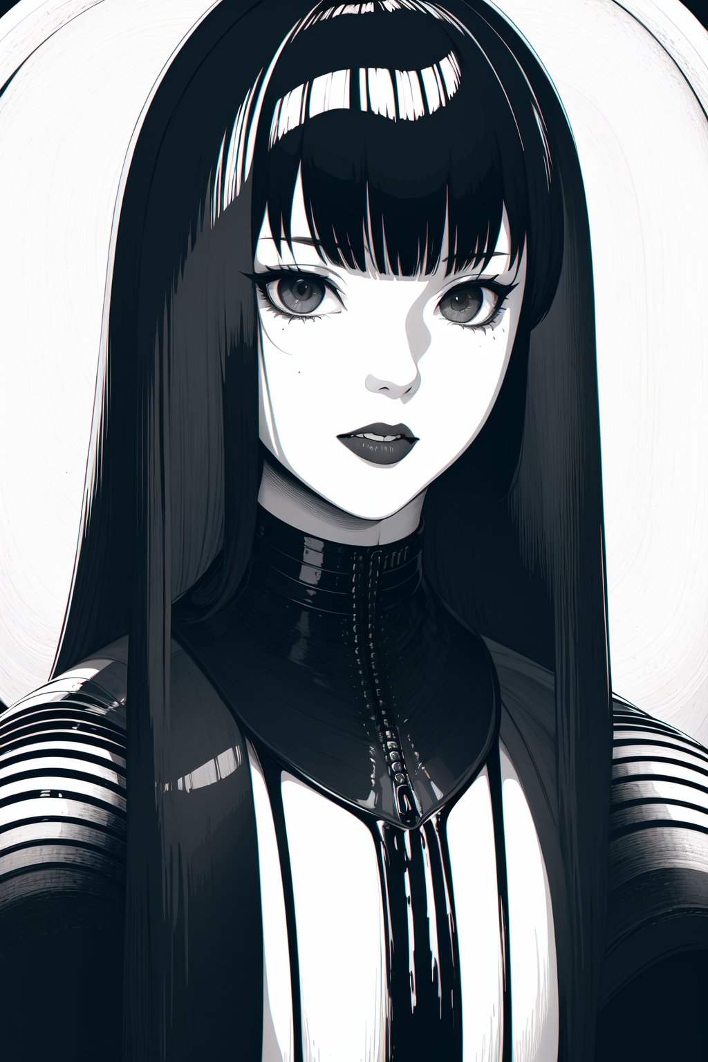 1girl,solo,monochrome,greyscale,long hair,looking at viewer,bangs,blunt bangs,portrait,<lora:black and white:1>