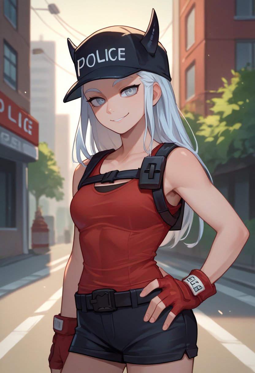 score_9, score_8_up, score_7_up, source_anime, solo, 1girl, justicepol, smile, looking at viewer, hand on hip, long hair, black headwear, police hat, horns through headwear, grey eyes, red tank top, red gloves, fingerless gloves, black shorts, outdoors, city street <lora:helltaker_justice_ponyXL:1>