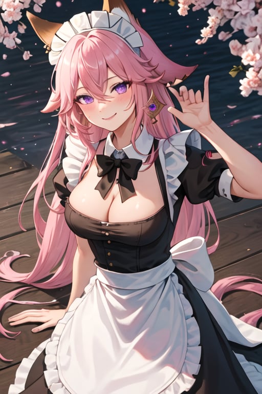 best quality, masterpiece, highres, solo, {maid:1.40}, {long maid dress:1.15}, {yae_miko_genshin:1.15}, long_hair, pink_hair, bangs, purple_eyes, animal_ears, hair_between_eyes, fox_ears, jewelry, hair_ornament, earrings, smile, breasts, large_breasts, blush