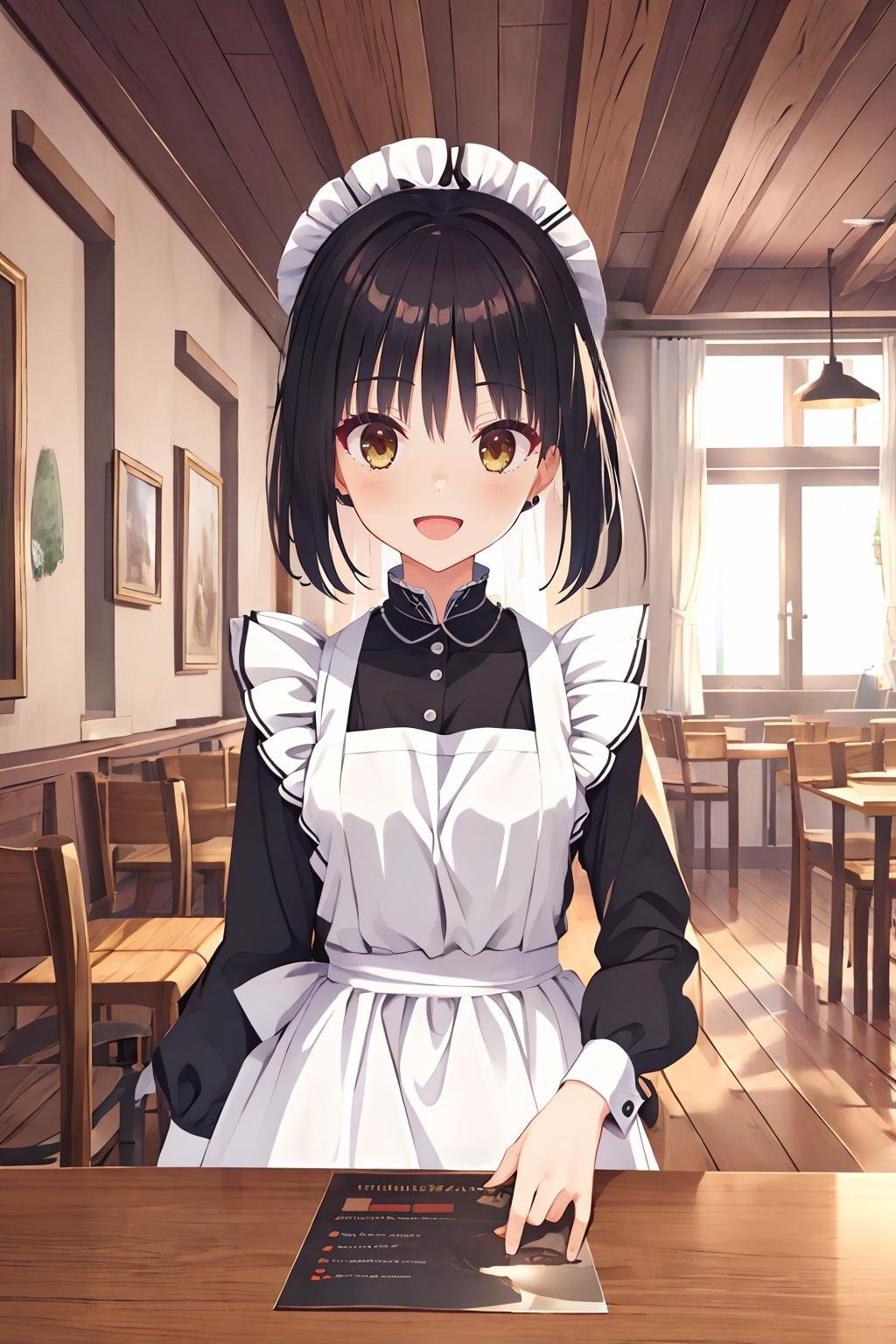 16k, highres, masterpiece, best quality, poster \(medium\), promotions, a girl in cafe, smile, :D,sntm, 1girl, alternate hairstyle, nape, bangs, sidelocks,  medium breasts,<lora:natsume_v1:0.7>maid, mob cap, 