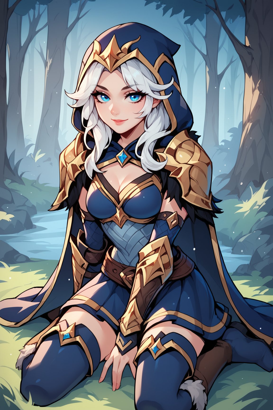 score_9, score_8_up, score_7_up, score_6_up, score_5_up, score_4_up, AsheLoLXL, blue eyes, white hair, long hair, parted bangs, blue hood, hood up, medium breasts, golden armor, cape, shoulder armor, cleavage, blue dress, vambraces, brown belt, blue skirt, blue thighhighs, thigh boots, solo, sitting, seductive smile, looking at viewer, forest, tree <lora:AsheLoLXL:0.8>