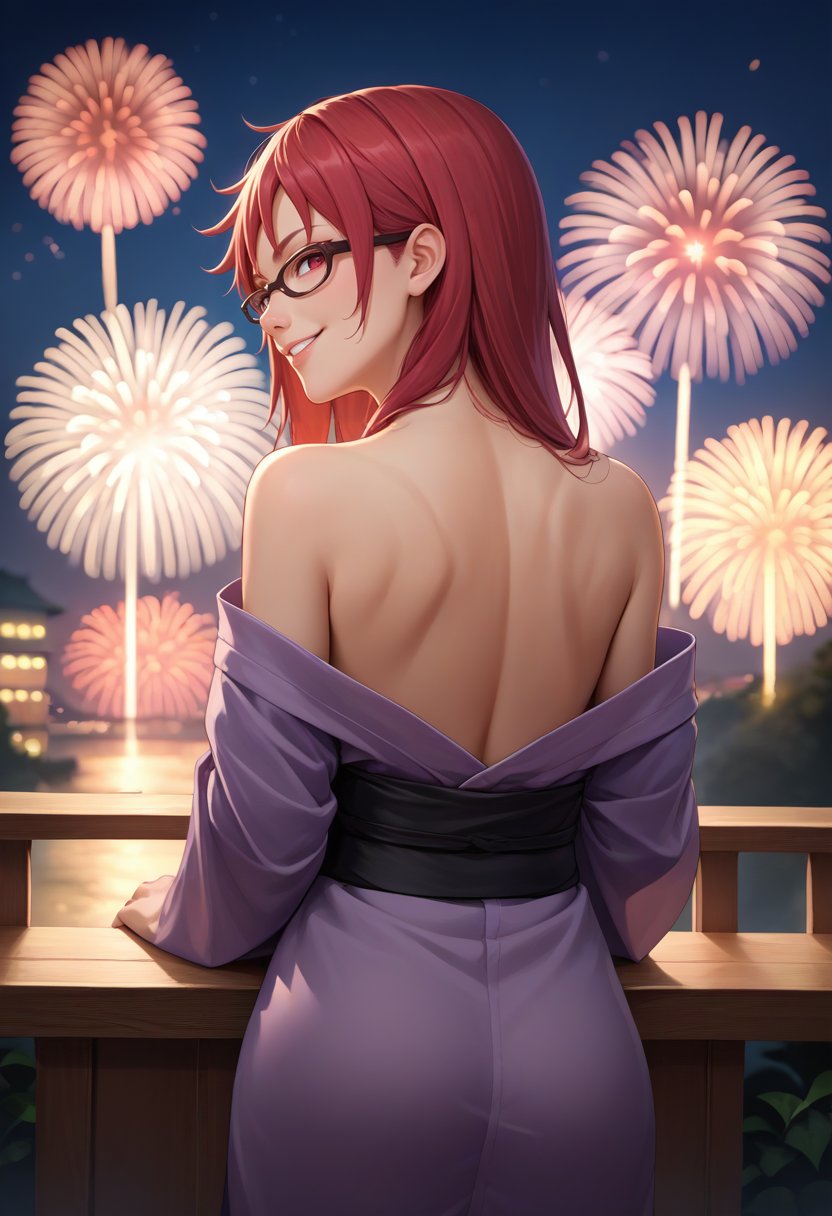 score_9, score_8_up, score_7_up, source_anime, from behind, solo, 1girl, karinuzumaki, smile, looking back, glasses, purple kimono, off shoulder, black sash, bare shoulders, fireworks <lora:naruto_karinuzumaki_ponyXL:1>