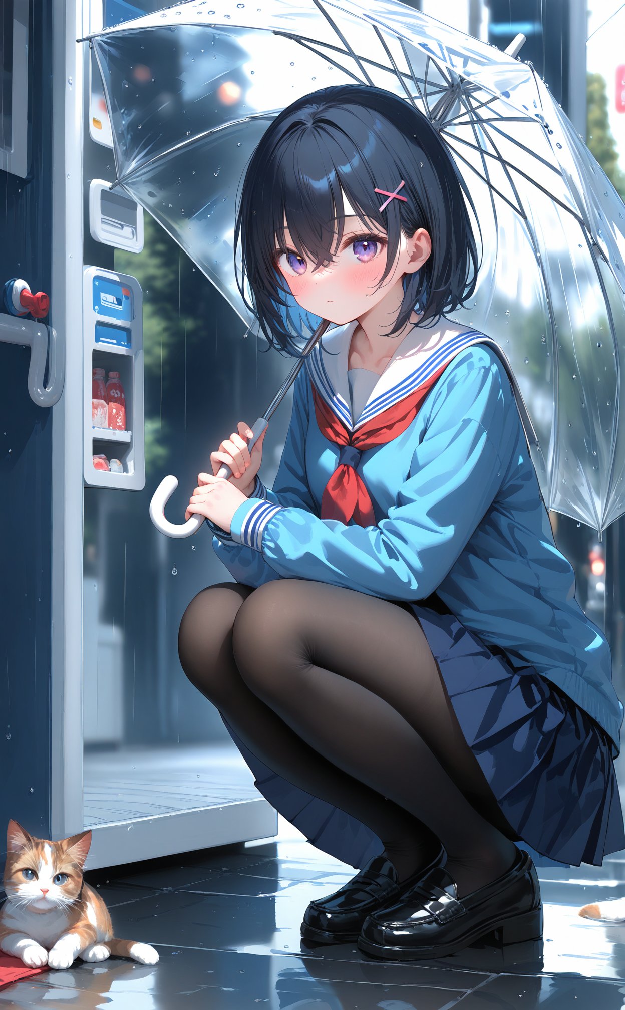 (masterpiece),(best quality),illustration,ultra detailed,hdr,Depth of field,(colorful),1girl,pantyhose,umbrella,squatting,cat,transparent umbrella,black hair,holding umbrella,school uniform,vending machine,skirt,black footwear,transparent,holding,sailor collar,blue skirt,hair ornament,purple eyes,x hair ornament,black pantyhose,solo,pleated skirt,loafers,shoes,white sailor collar,neckerchief,outdoors,rain,long sleeves,shirt,red neckerchief,serafuku,short hair,blue shirt,closed mouth,looking at viewer,blush,animal,crossed bangs,hair between eyes,blurry,hairclip,reflection,full body,blue hair,collarbone,blurry background,medium hair,reflective floor,