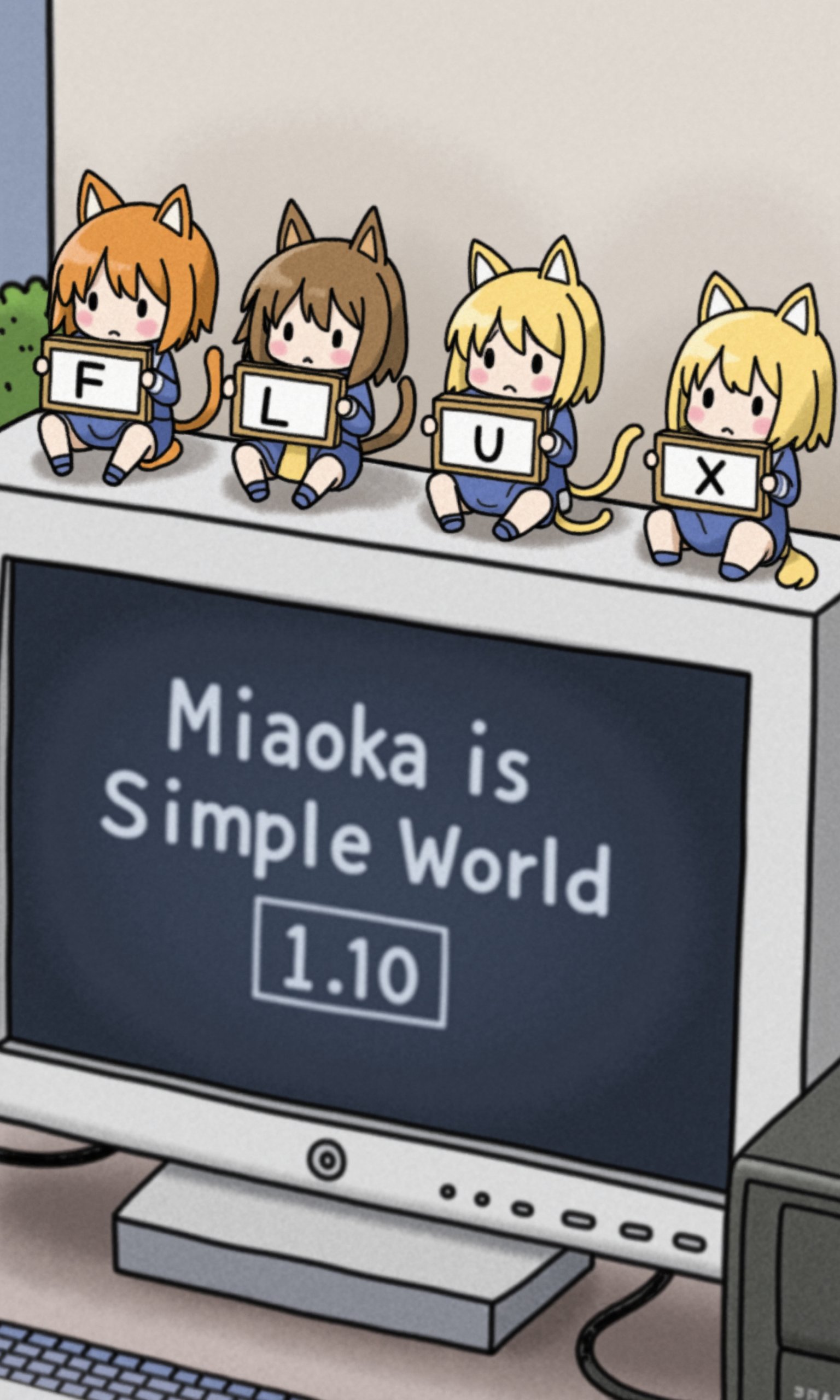 a line of four little cat ear girls placed on the top of computer monitor, each cat ear girl holding a board with a printed letter, the letters are "F" "L" "U" "X", and on the screen with printed words reads " Miaoka is Simple World 1.10"cat ear girls all are in chibi size and wearing school uniforms.