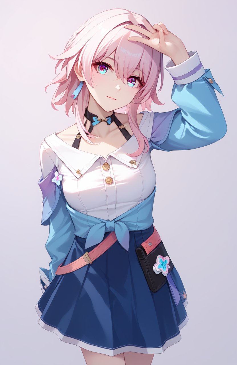 <lora:三月七4pony:1>,march 7th (honkai: star rail),a girl named march 7th (honkai: star rail),1girl,solo,looking at viewer,long sleeves,white shirt,black choker,blue jacket,tied jacket,single earring,flower ornament,blue skirt,black corset,collarbone,detailed eyes,multicolored eyes,, (score_9,score_8_up,score_7_up),(masterpiece,best quality,high quality:1.2),absurdres, 4k, uncensored, prefect lighting, rating_explicit, very aesthetic, anime BREAK