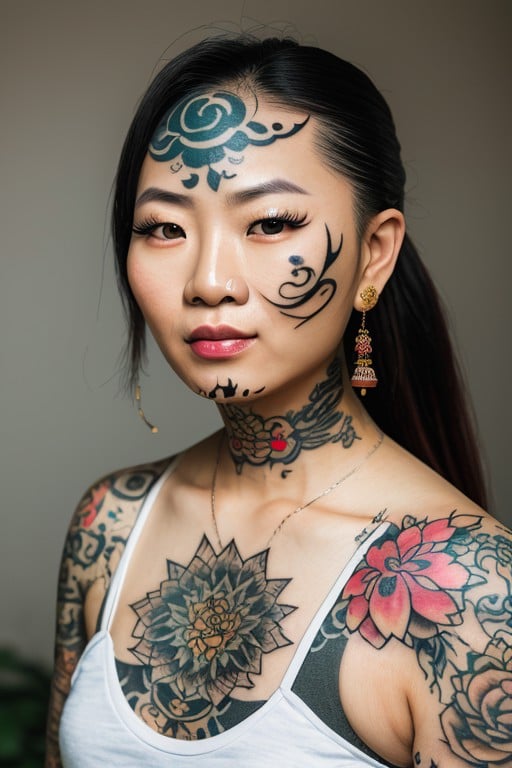 professional photo portrait of an Asian woman in clothes with face tattoo, indoors, smoke, soft lighting, bloom, DSLR, unslpash, <lora:Nlo_FaceTattoo_v1:1>