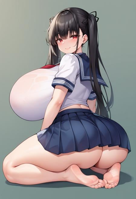 score_9, score_8_up, score_7_up, source_anime, 1girl,red eyes,smile, simple background, black hair, gigantic breasts, thick thighs, wide hips, school uniform, serafuku, smile, pleated skirt, kneeling, from behind, long hair, twintails, black ribbon. bubble butt, tight skirt, bare feet  <lora:MeIoN-Style-PonyXL-Dora-v1.4-000022:1>