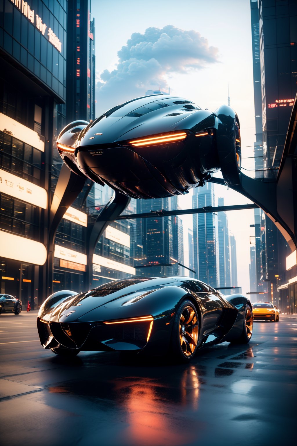 AgainCyberpunk, car, vehicle focus, motor vehicle, no humans, city, sports car, scenery, building, skyscraper, outdoors, science fiction, road, sky, cityscape, cloud, spoiler \(automobile\), reflection, street, realistic