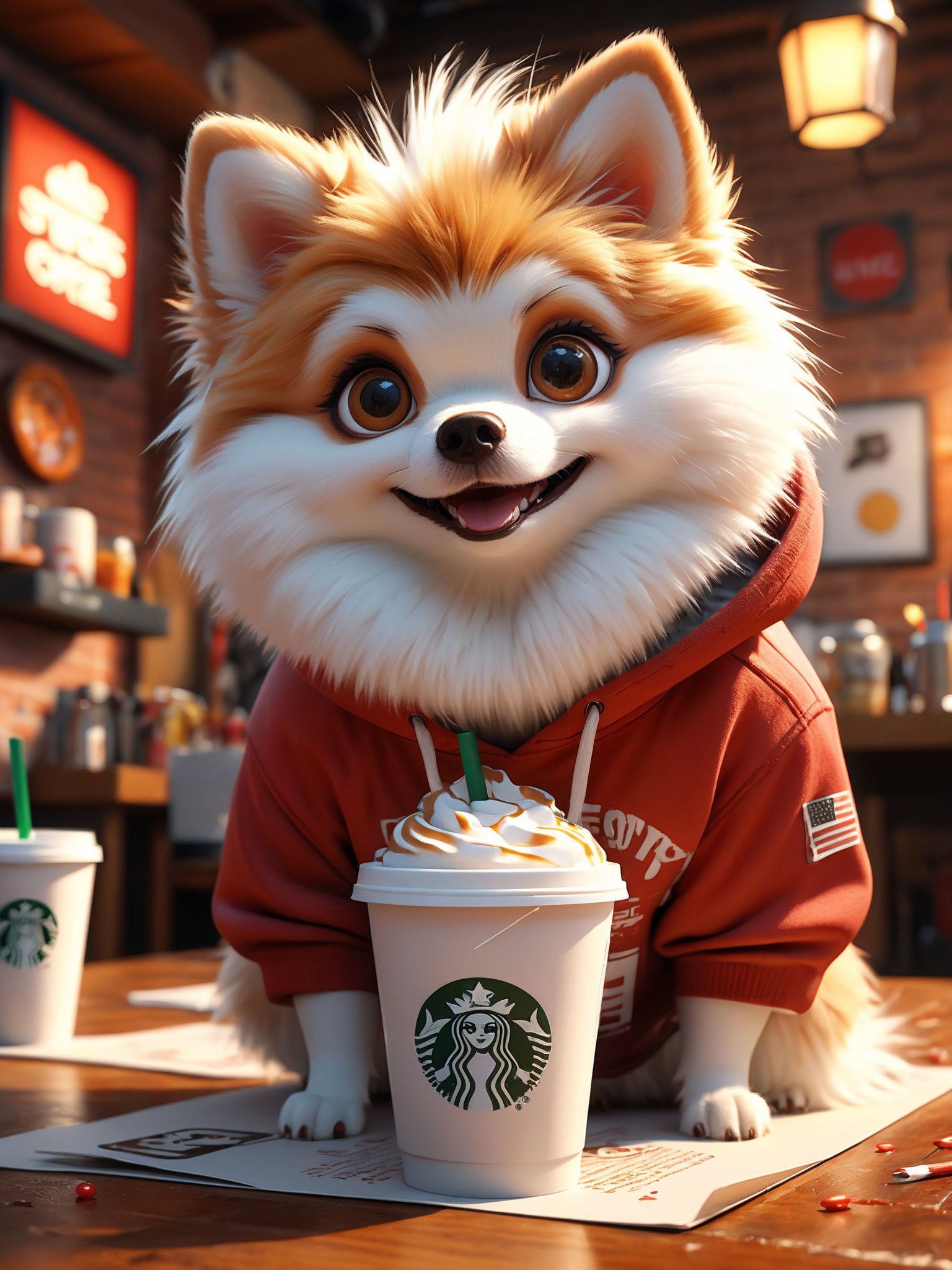 (Ultra-HD-quality-details, real-photo-realistic, ideal), Cute cartoon style >Treat the following Prompt Elements with equal Emphasis<draw a extra white pomeranian dog | with white fur all over | No cream patches anywhere | wearing a red hoody| Text "Izzy" in rosegold colors | starbucks cup in front of her, cinematic, poster, typography, 3d render, epic action, Unreal Engine, cinematic award winning artwork, many details, extreme detailed, full of details,Wide range of colors., dramatic, Dynamic,Cinematic,Sharp details, Insane quality. Insane resolution. Insane details. Masterpiece. 32k resolution. casting shadow style, cucoloris patterned illumination,  dvr-lnds-sdxl, ral-dissolve, ral-ertmsphr, ral-porcelain, ral-pxlprtcl, Niji, aidma-niji