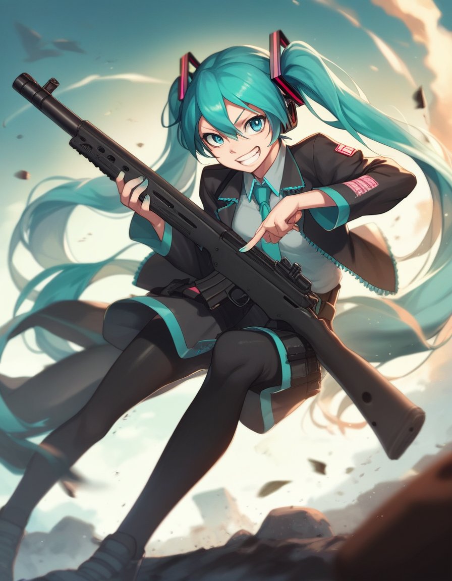 score_9, score_8_up, score_7_up, score_6_up, score_5_up, score_4_up, source_anime,1girl, solo, hatsune miku, shotgun, grin, battlefield, chaotic, war zone