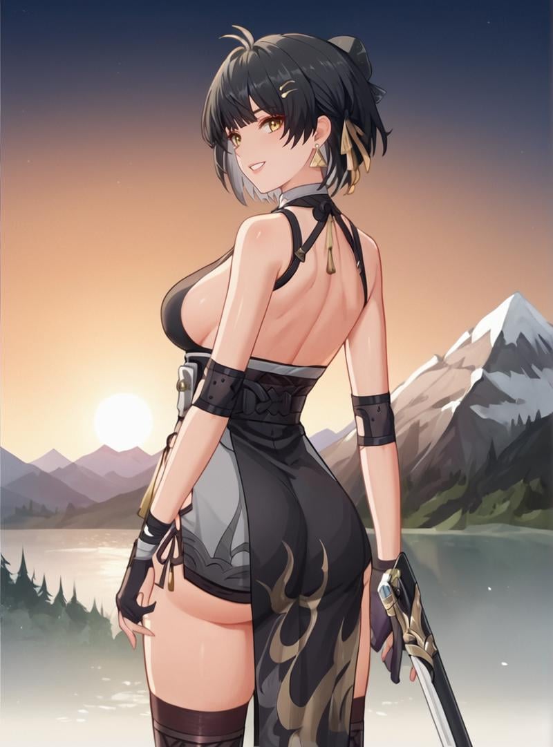 score_9, score_8_up, score_7_up, score_6_up, score_5_up, score_4_up source_anime, anime screencap, <lora:Female_Rover_Wu_Wa:0.8>femaleroverwuwa, black hair, gloves, bare shoulders, dress, black gloves, yellow eyes, hair ornament, , short hair, long hair, fingerless gloves, jewelry, earrings, , black dress, sideboob, sleeveless,looking at viewer, large breast,mountain, sunset,smile,thighhighs, ass, ass focus, from behind looking back, 